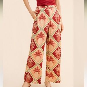 New Anthropologie x Farm Rio Pineapple Satin Wide-Leg Pants Sz S Bottoms Red